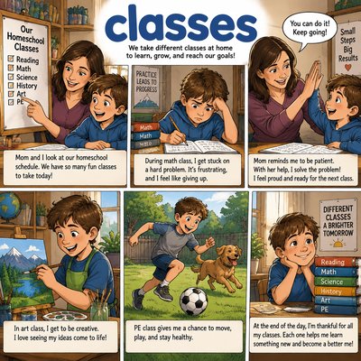 Please create a narrative for the spelling word "classes". Please use a home school theme. Please prominently feature the word as a heading.