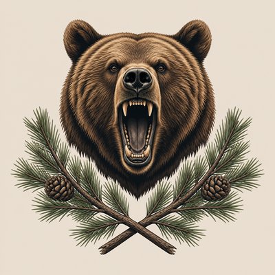a roaring bear head above crossed pine branches, bold graphic composition on a plain background, no text