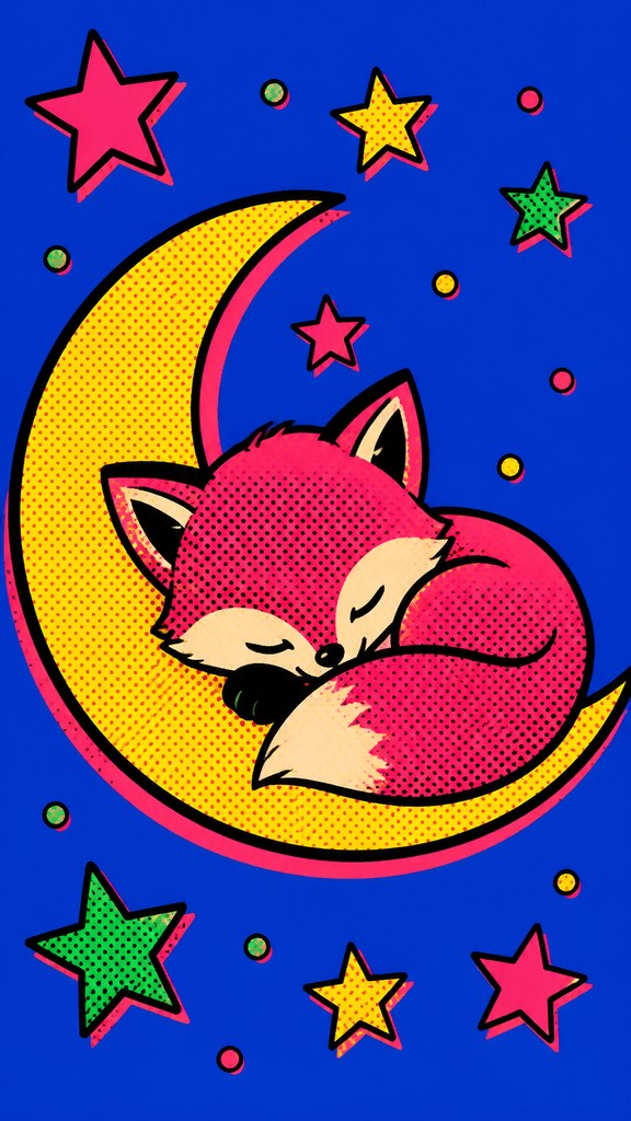 a sleeping baby fox curled on a crescent moon among soft stars, gentle and warm, no text