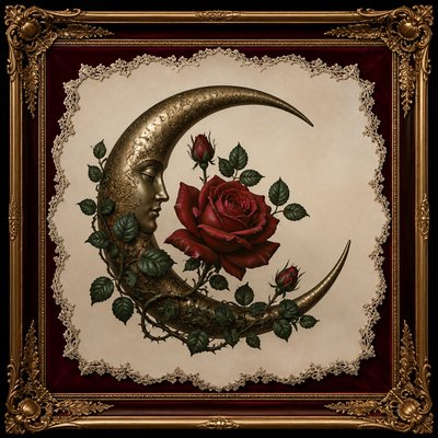 a rose entwined with a crescent moon, clean balanced composition on a plain background, no text