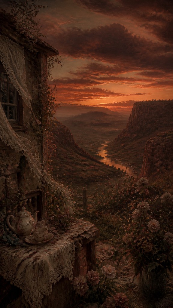 a desert canyon under a dramatic sunset sky, no people