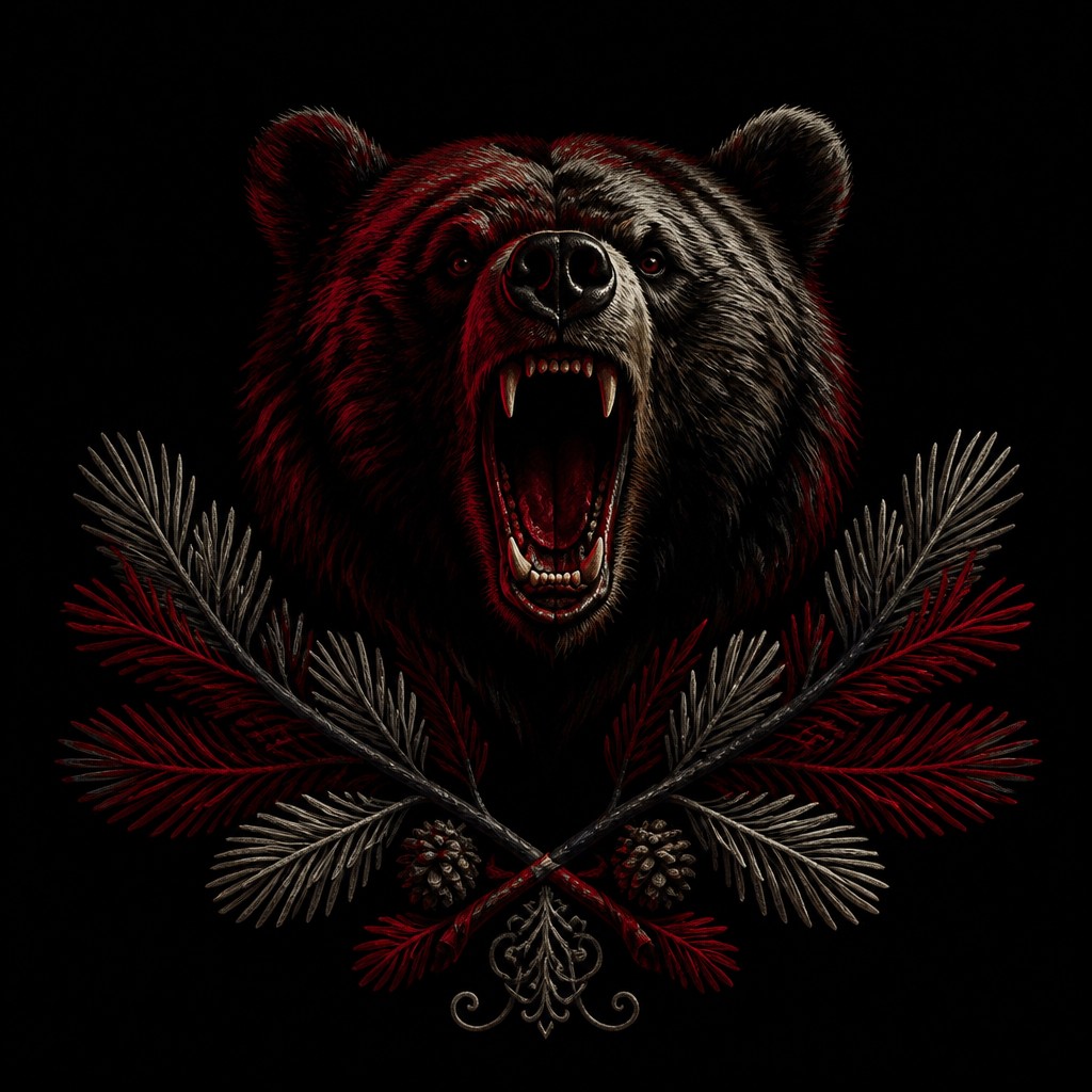 a roaring bear head above crossed pine branches, bold graphic composition on a plain background, no text