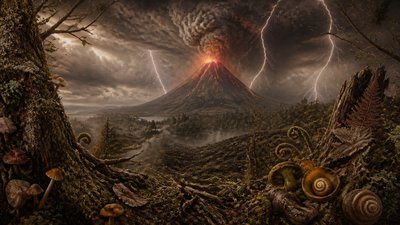 an erupting volcano with lightning strikes, dramatic wide composition, no text