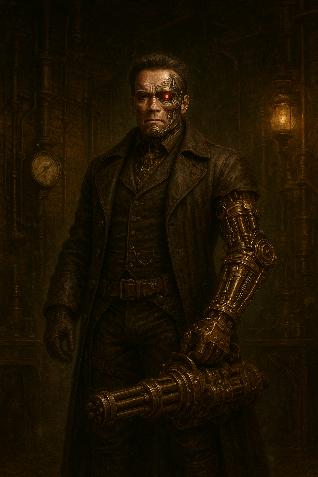 "A dramatic, full-body portrait of Arnold Schwarzenegger as a Steampunk Terminator, standing powerfully in a dimly lit, richly detailed Victorian-era workshop. Arnold's iconic Terminator face is visible, with a glowing red eye, partially obscured by an intricate, metallic eyepatch and visible cybernetic components around his neck and face. He wears a heavy, dark brown leather duster coat over a tailored waistcoat and trousers, all adorned with brass buckles, gears, and leather straps. His left arm is a formidable steampunk prosthetic, crafted from polished brass, copper, and exposed gears, ending in a massive, Gatling-gun-like weapon integrated into the forearm. His right hand wears a finely detailed leather glove with metallic accents. The background of the workshop is filled with vintage machinery, pressure gauges, steam pipes, exposed brick walls, and the soft glow of gas lamps, casting long shadows. Smoke or steam gently drifts through the air, adding to the atmospheric industrial setting. The overall aesthetic is gritty, sophisticated, and perfectly blends the sci-fi elements of the Terminator with the intricate mechanical beauty of steampunk