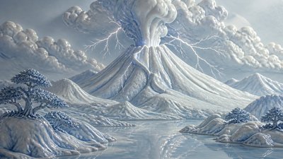 an erupting volcano with lightning strikes, dramatic wide composition, no text