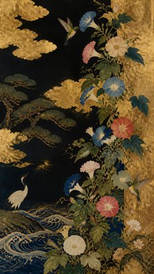 a climbing vine of flowers and hummingbirds on a dark background, tall wrapping composition, no text