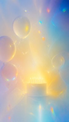 a birthday cake with lit candles surrounded by balloons and confetti, festive vertical composition, no text
