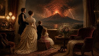 an erupting volcano with lightning strikes, dramatic wide composition, no text