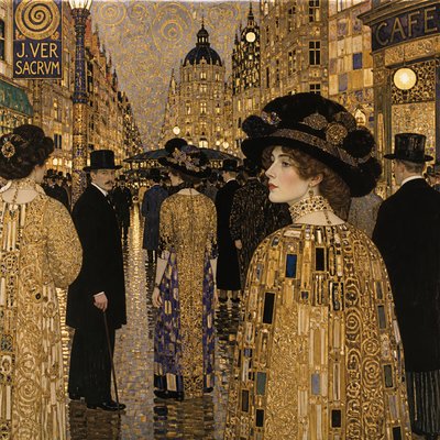 urban street with city activity — Austrian Art Style