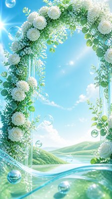 an arch of white roses and eucalyptus in soft morning light, elegant vertical composition with open space, no text