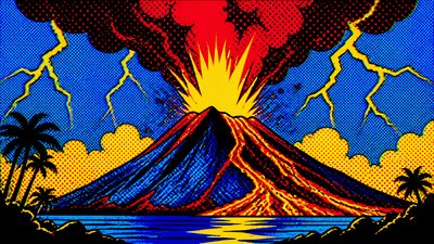 an erupting volcano with lightning strikes, dramatic wide composition, no text