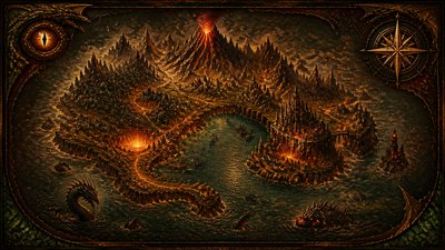 a map of an island realm with mountains, forests, a sheltered bay, sea monsters in the water and a compass rose, no text labels