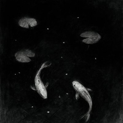 A koi pond seen from above, orange and white koi fish swimming among lily pads, clear water with subtle ripples, fallen cherry blossom petals floating on the surface, dappled sunlight