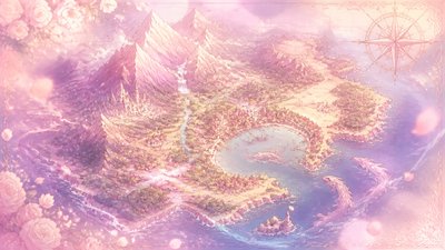 a map of an island realm with mountains, forests, a sheltered bay, sea monsters in the water and a compass rose, no text labels