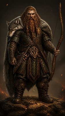 full-body original character: a dwarven ranger with a braided auburn beard, worn leather armor, a longbow and a wolf-pelt cloak, neutral background, no text