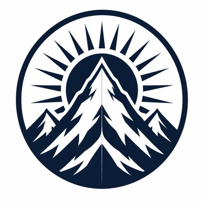 an emblem of a mountain peak inside a circle, simple bold shapes on a plain background, no text or lettering