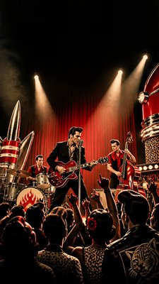 a live music scene with a glowing stage and silhouetted crowd, energetic vertical composition with open space at the top, no text