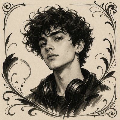 head-and-shoulders portrait of an original character: a young man with curly dark hair and headphones around his neck, plain backdrop, no text