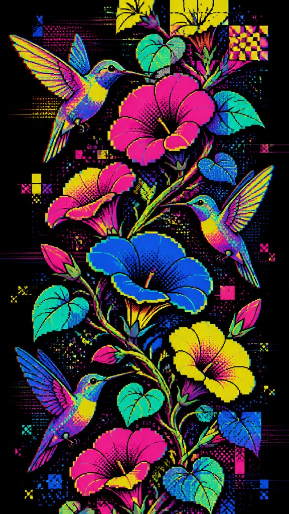 a climbing vine of flowers and hummingbirds on a dark background, tall wrapping composition, no text