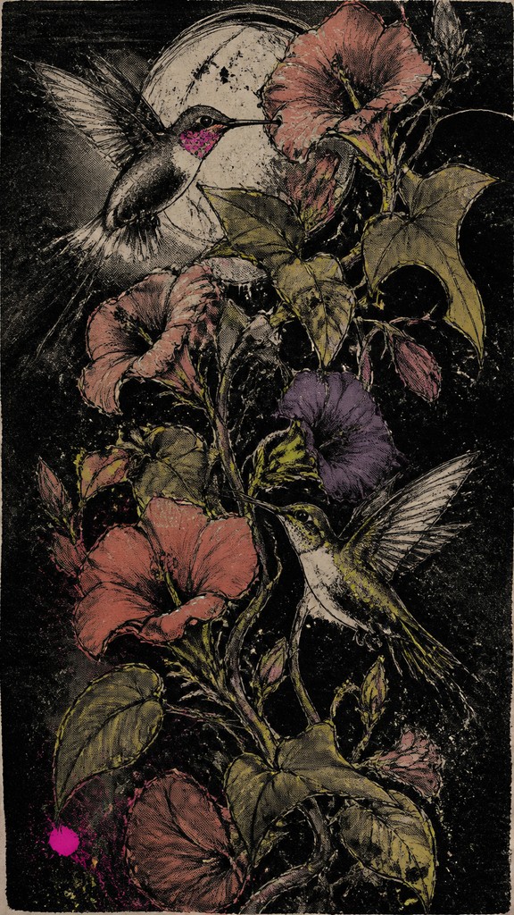 a climbing vine of flowers and hummingbirds on a dark background, tall wrapping composition, no text
