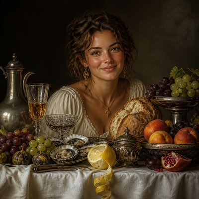 head-and-shoulders portrait of an original character: a young woman with wavy chestnut hair and a warm smile, plain soft backdrop