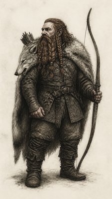 full-body original character: a dwarven ranger with a braided auburn beard, worn leather armor, a longbow and a wolf-pelt cloak, neutral background, no text