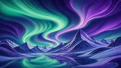 a flowing aurora over snowy peaks, wide sweeping composition, no people, no text