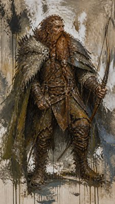 full-body original character: a dwarven ranger with a braided auburn beard, worn leather armor, a longbow and a wolf-pelt cloak, neutral background, no text