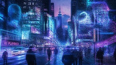 bustling city street panorama at dusk