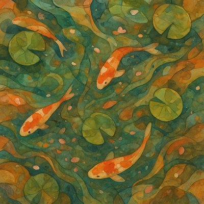 A koi pond seen from above, orange and white koi fish swimming among lily pads, clear water with subtle ripples, fallen cherry blossom petals floating on the surface, dappled sunlight