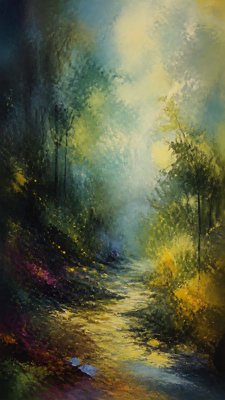 a mysterious forest path with fireflies and drifting mist, atmospheric vertical composition with open space at the top, no text