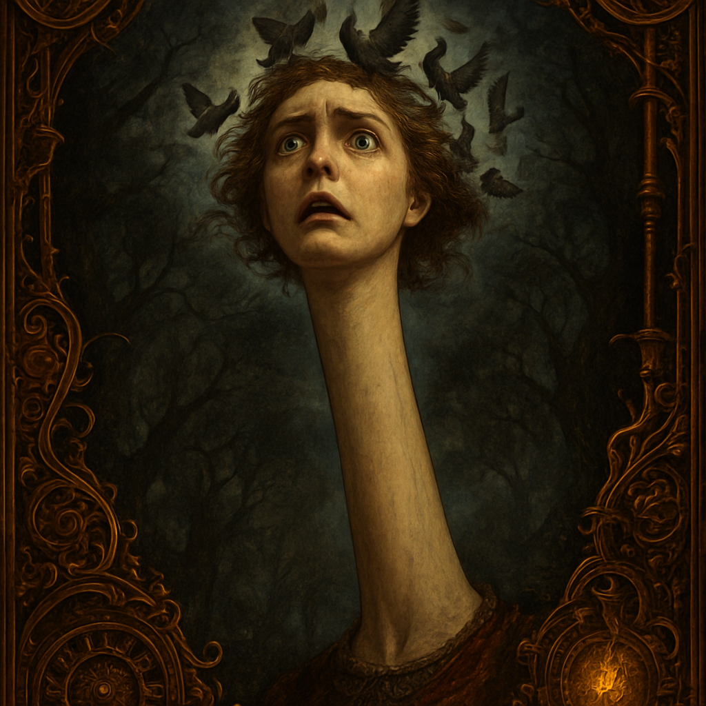 An extreme low-angle perspective shot, looking vertically up toward the sky. Alice’s impossibly long, pale neck stretches out of frame through the dense, gnarled canopy of the dark Wonderland forest. Her head, massive and distorted by the perspective, is visible against a turbulent, twilight sky. Her expression is one of confusion and fear. Small, furious Pigeons swarm her head like bothersome insects. The scene is lit by eerie moonlight filtering through the leaves, emphasizing the dramatic scale and height. Photorealistic fantasy, cinematic 16:9 aspect ratio, volumetric fog, moody atmosphere.