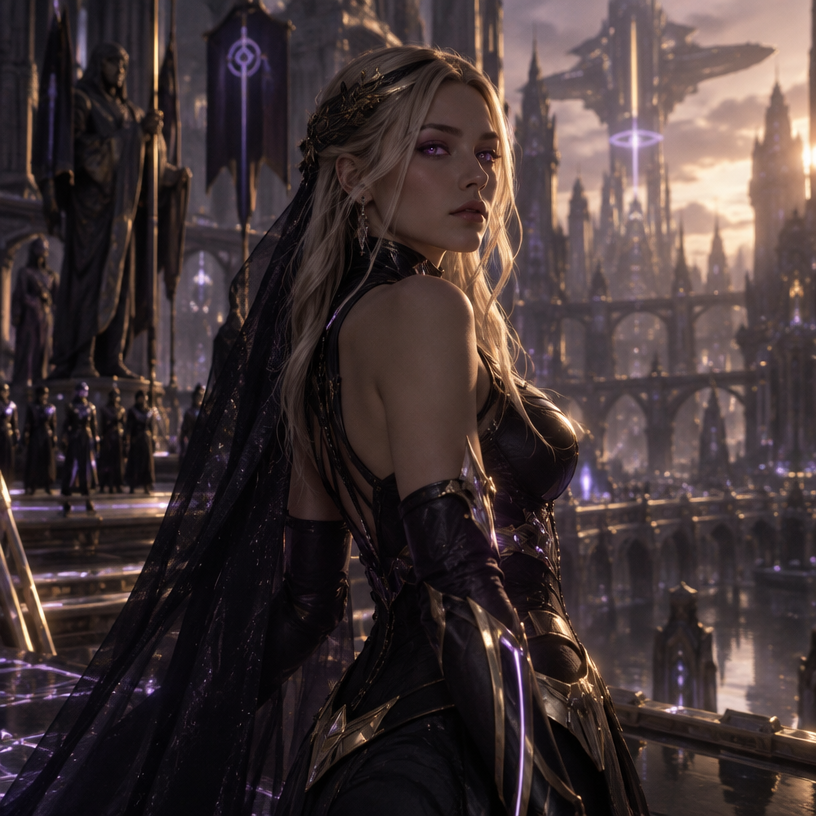 Je veux que tu me fasses une hyper realiste guerriere, tres modern avec une armure moderne genre full noir violet neon sombre or foncé or sombre et voile en soie mais juste un peu si besoin mais elle une armure sans manche, le voile c’est juste histoire de rajouter du tissu et des cheveux blonc lisse courbé curve cut et elle a des yeux violet brillant, on dirait presque une deesse dans une ville futuriste antique ancien avec l’ethnie, un corp realiste et un visage realiste ne me fait pas un truc idéalise