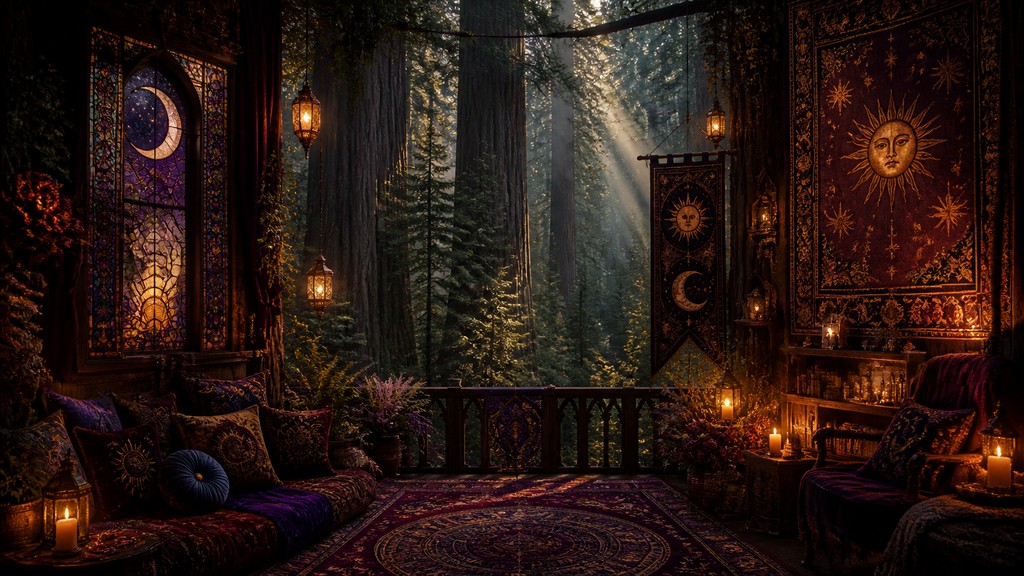 a panoramic redwood forest with light rays through mist, no people