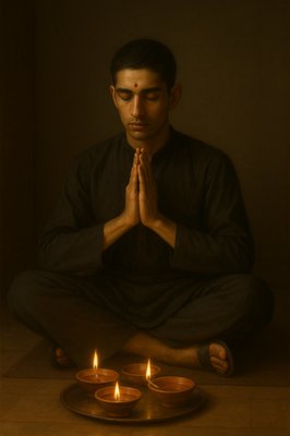 a man sitting on the floor in front of candles