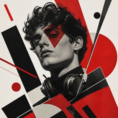 head-and-shoulders portrait of an original character: a young man with curly dark hair and headphones around his neck, plain backdrop, no text