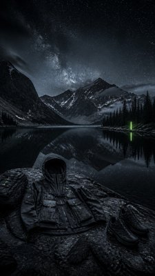 a tranquil mountain lake beneath a starry night sky, no people, no text
