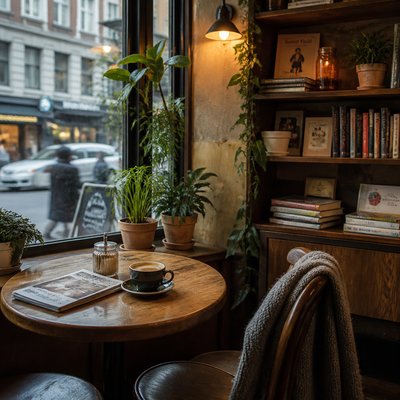 cozy cafe interior with warm lighting