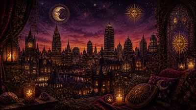 a city skyline panorama at dusk with glowing windows, no people