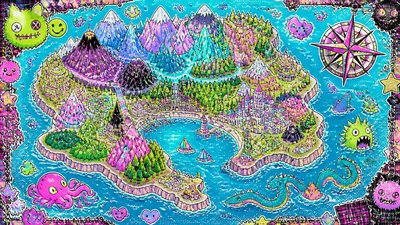 a map of an island realm with mountains, forests, a sheltered bay, sea monsters in the water and a compass rose, no text labels