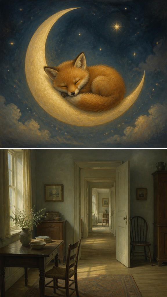 a sleeping baby fox curled on a crescent moon among soft stars, gentle and warm, no text