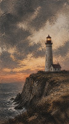 a lone lighthouse on a cliff at dusk under a dramatic sky, no text or lettering
