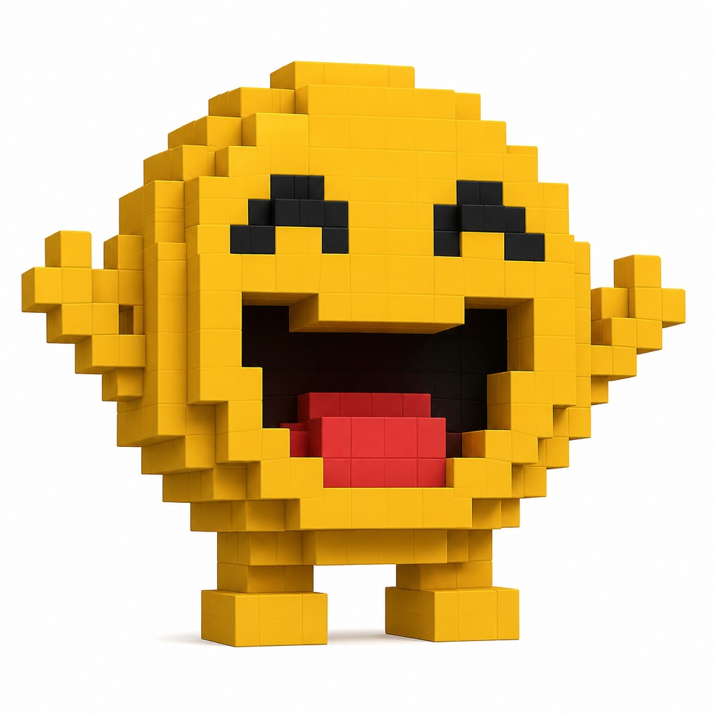 an exaggerated laughing face of an original round mascot character, bold and readable at small size, plain background, no text